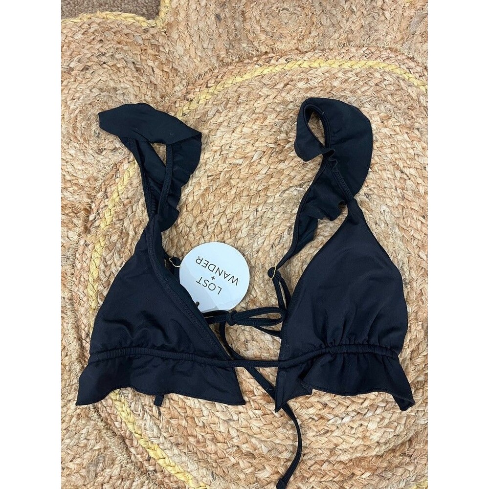 Lost + Wander Beach Tide Triangle Bikini Top Black Ruffle Strappy Tie Sz S NEW